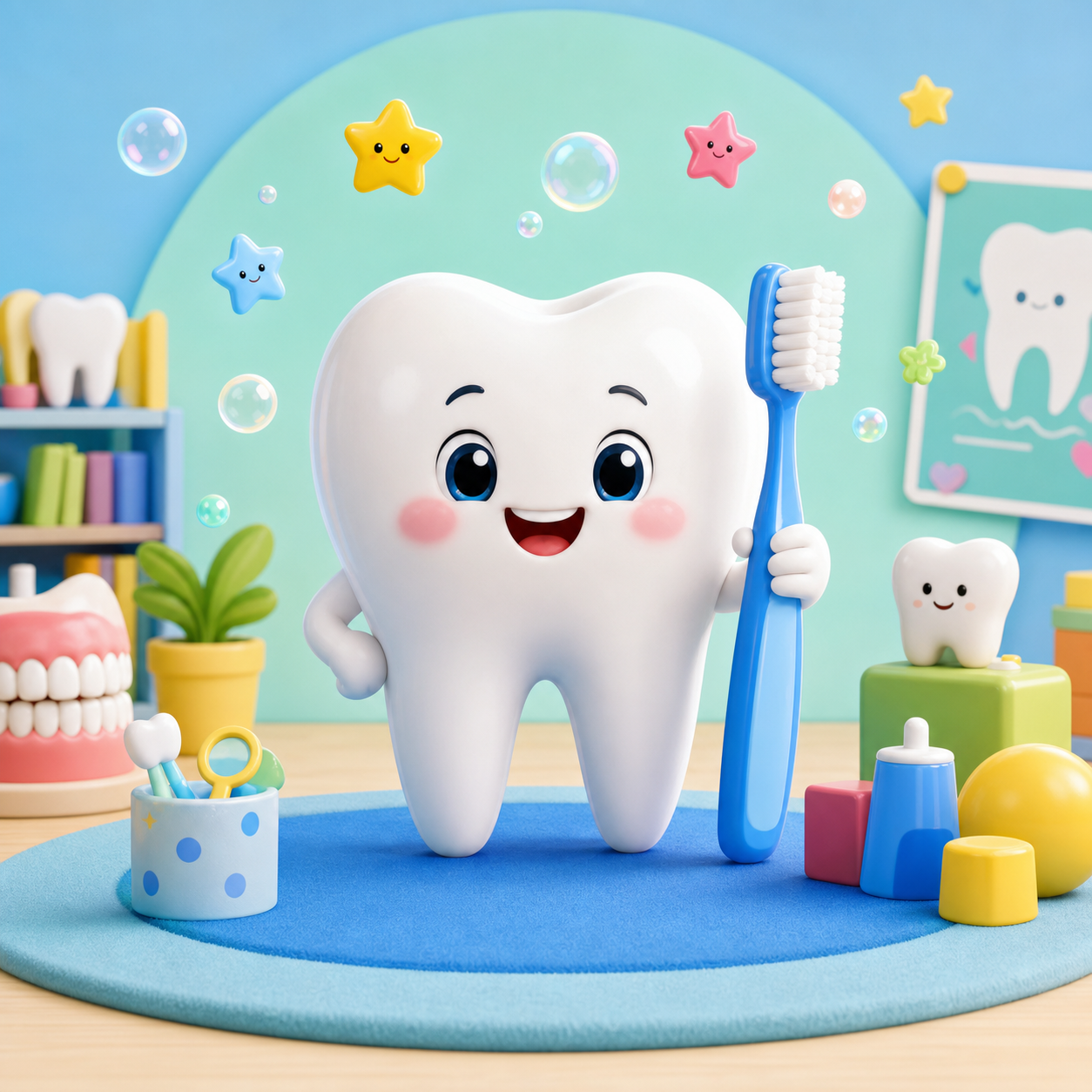 Friendly smiling tooth character with a toothbrush